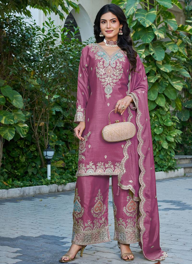  pink festival wear chinon palazzo suit for women