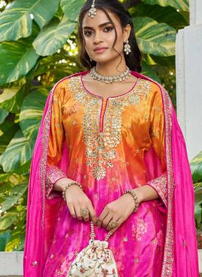 pink printed chinon party wear palazzo suit for women 3