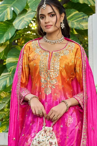 pink printed chinon party wear palazzo suit for women