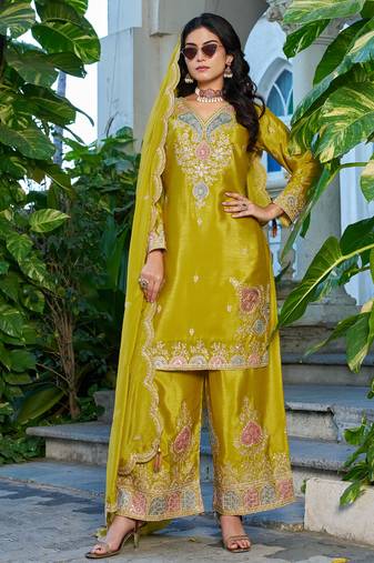  yellow festival wear chinon palazzo suit for women