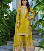  yellow festival wear chinon palazzo suit for women