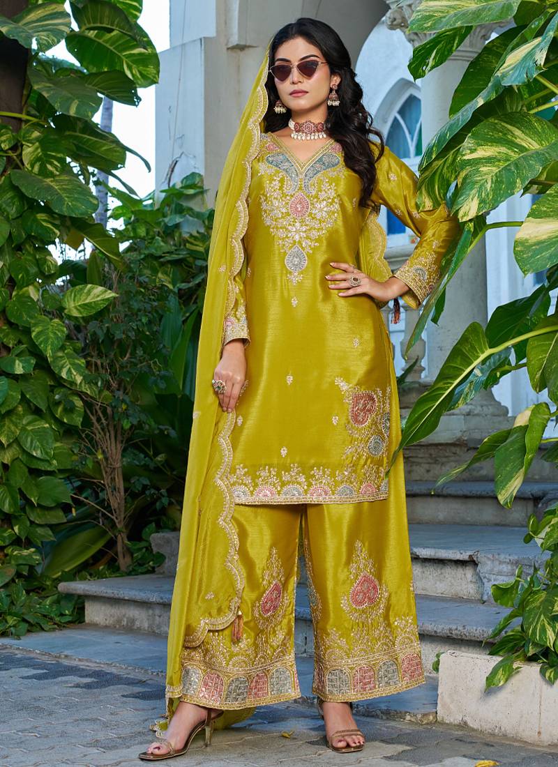  yellow festival wear chinon palazzo suit for women