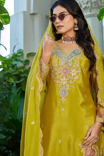  yellow festival wear chinon palazzo suit for women