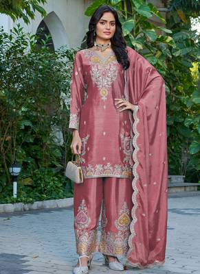 peach festival wear chinon palazzo suit for women 1