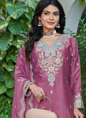 pink festival wear chinon palazzo suit for women 3