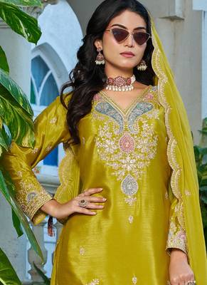 yellow festival wear chinon palazzo suit for women 3