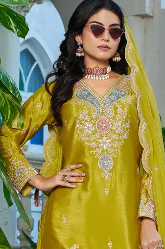  yellow festival wear chinon palazzo suit for women
