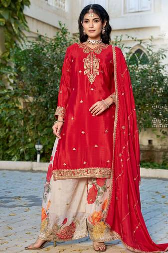 Red eid wear chinon palazzo suit for women