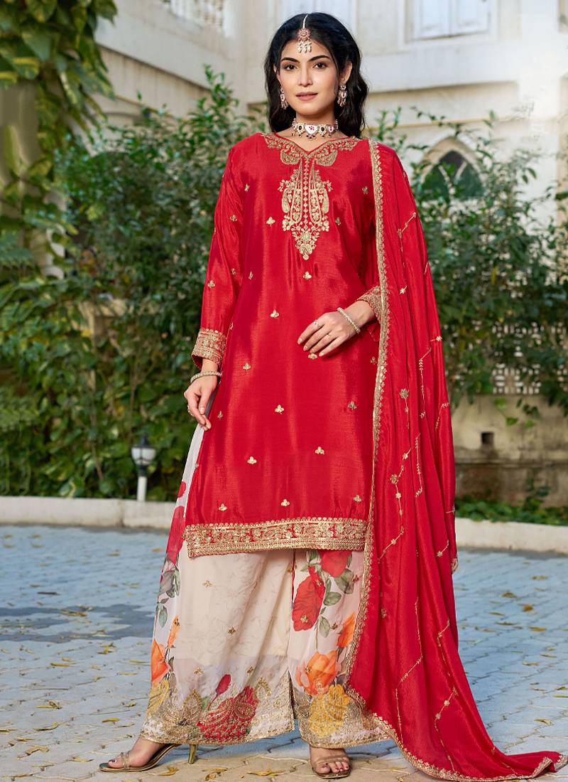 Red eid wear chinon palazzo suit for women