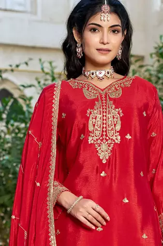 Red eid wear chinon palazzo suit for women