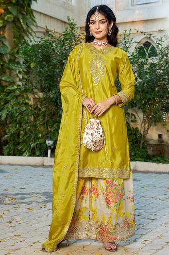 Yellow eid wear chinon palazzo suit for women