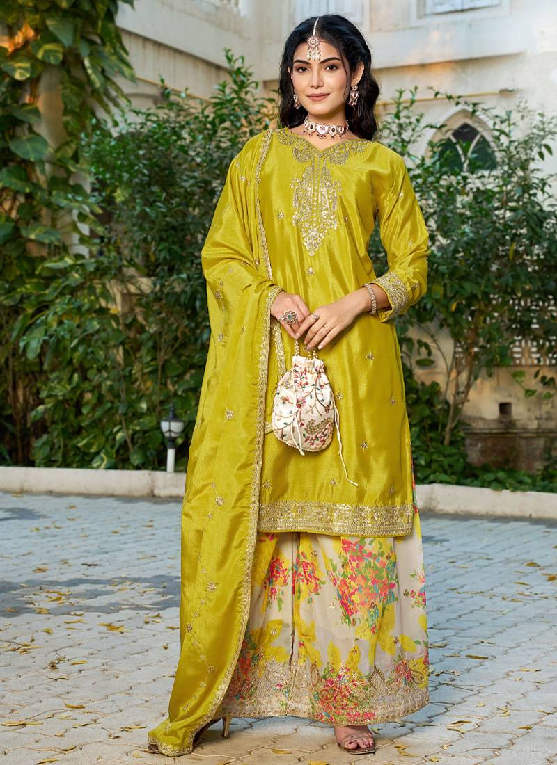 Yellow eid wear chinon palazzo suit for women