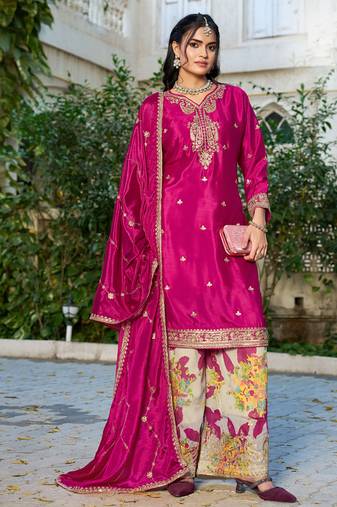 Pink eid wear chinon palazzo suit for women