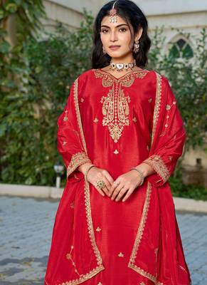Red eid wear chinon palazzo suit for women 3
