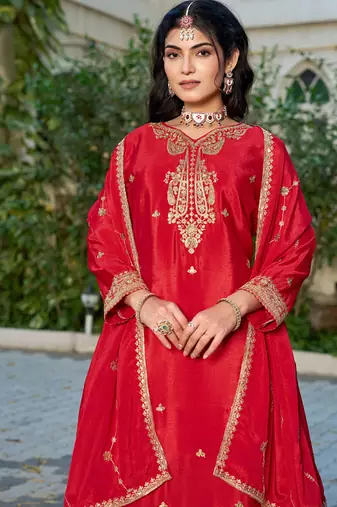 Red eid wear chinon palazzo suit for women