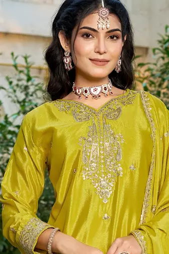 Yellow eid wear chinon palazzo suit for women