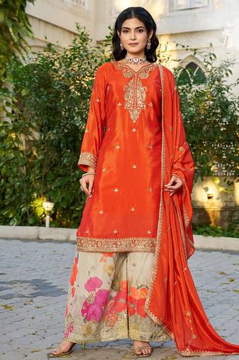 Orange eid wear chinon palazzo suit for women
