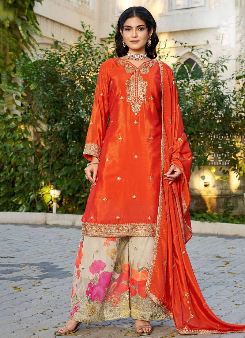 Orange eid wear chinon palazzo suit for women