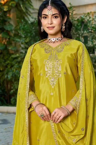 Yellow eid wear chinon palazzo suit for women