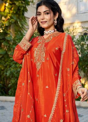 Orange eid wear chinon palazzo suit for women 2