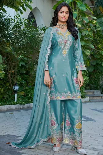  sky blue festival wear chinon palazzo suit for women