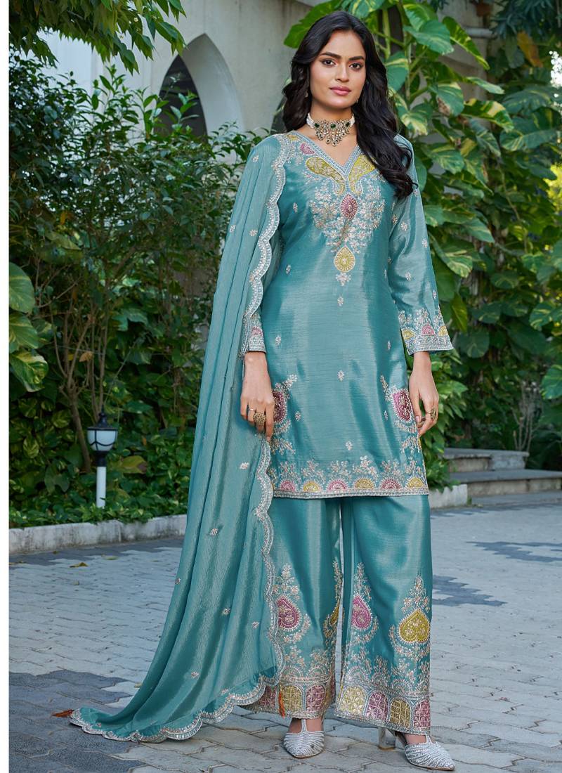  sky blue festival wear chinon palazzo suit for women