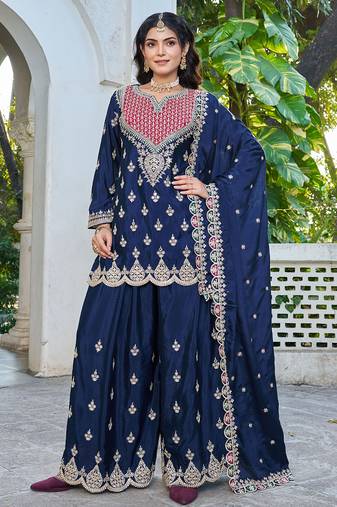  navy blue chinon mirror work suit for women