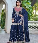  navy blue chinon mirror work suit for women