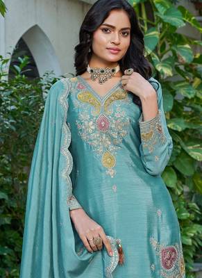 sky blue festival wear chinon palazzo suit for women 2