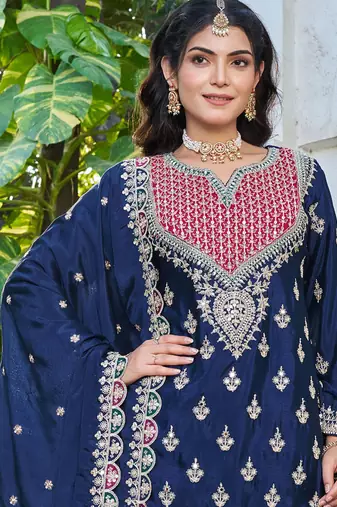  navy blue chinon mirror work suit for women