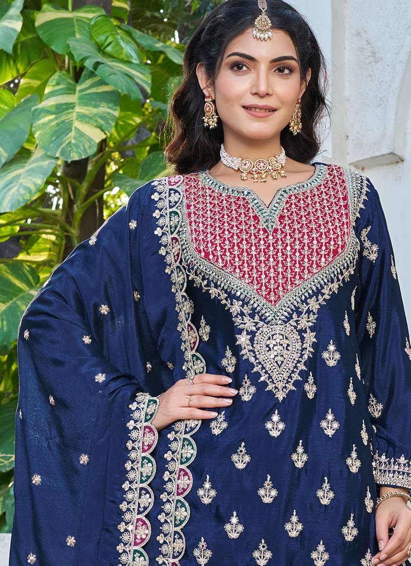  navy blue chinon mirror work suit for women