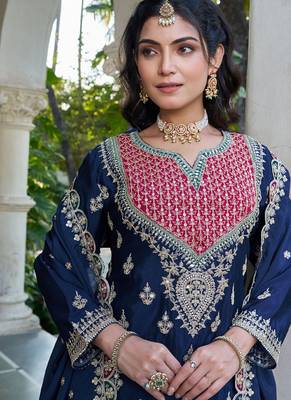navy blue chinon mirror work suit for women 3
