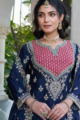 navy blue chinon mirror work suit for women
