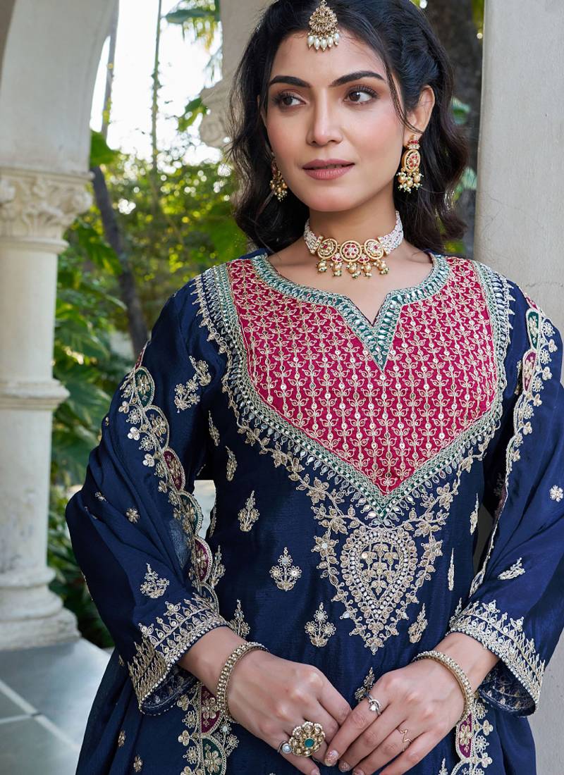  navy blue chinon mirror work suit for women