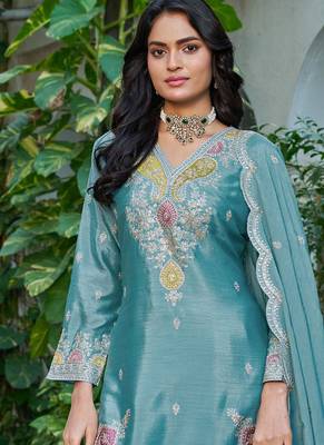 sky blue festival wear chinon palazzo suit for women 3