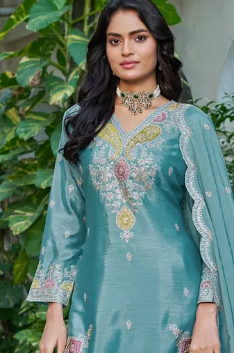  sky blue festival wear chinon palazzo suit for women