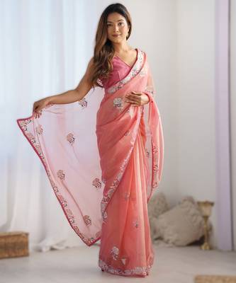 Pink dual tone gold twills net saree with multicolor thread & sequin work 1