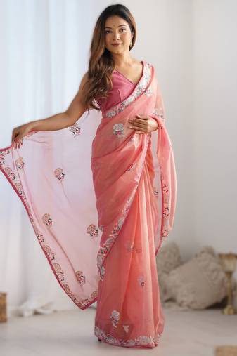 Pink dual tone heavy gold twills net saree with multicolor thread & sequin work