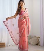 Pink dual tone heavy gold twills net saree with multicolor thread & sequin work