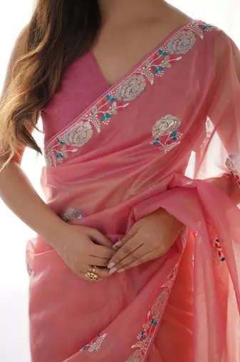 Pink dual tone gold twills net saree with multicolor thread & sequin work