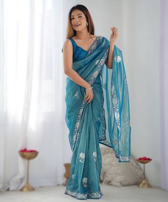 Royal blue dual tone gold twills net saree with multicolor thread & sequin work 1