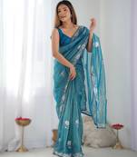 Royal blue dual tone heavy gold twills net saree with multicolor thread & sequin work