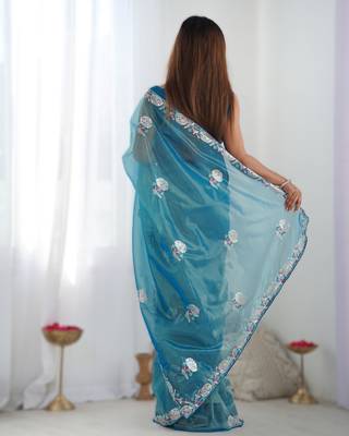 Royal blue dual tone gold twills net saree with multicolor thread & sequin work 2