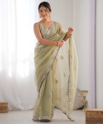 Parrot green dual tone gold twills net saree with multicolor thread & sequin work 1