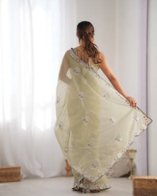 Parrot green dual tone gold twills net saree with multicolor thread & sequin work 2