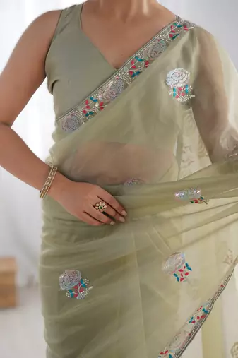 Parrot green dual tone gold twills net saree with multicolor thread & sequin work