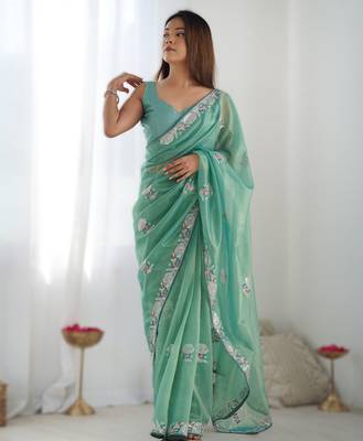 Sea green dual tone gold twills net saree with multicolor thread & sequin work 1