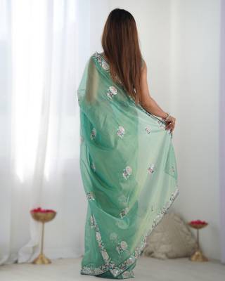 Sea green dual tone gold twills net saree with multicolor thread & sequin work 2