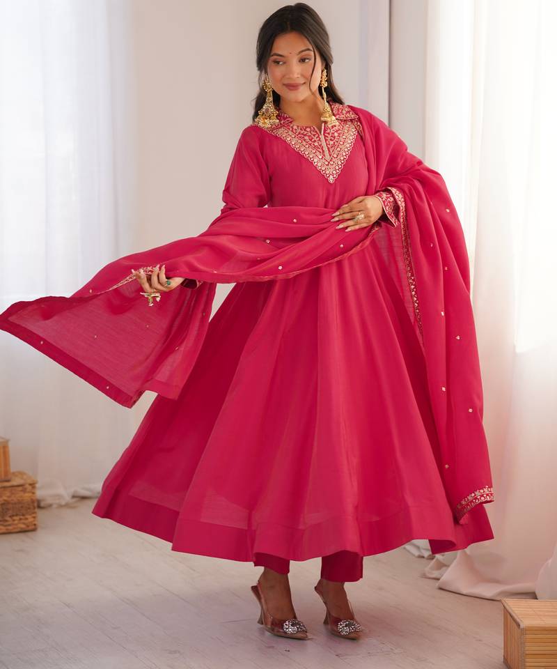 Festive wear ranipink anarkali set with intricate neck work