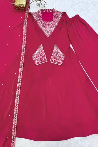 Festive wear ranipink anarkali set with intricate neck work